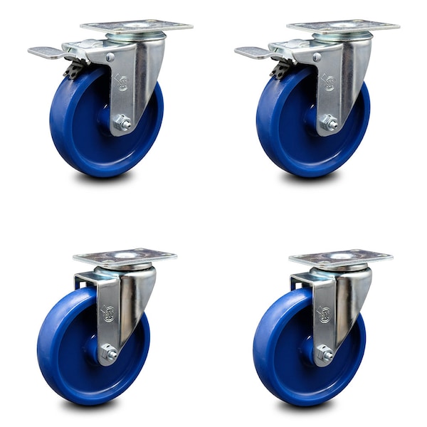 5 Inch Solid Polyurethane Wheel Swivel Top Plate Caster Total Lock Brakes, 2PK